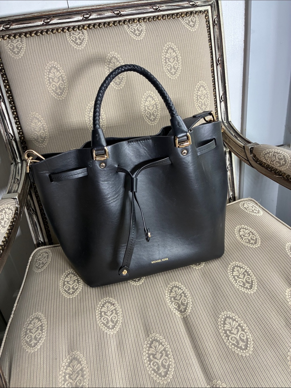 Michael Kors Black Leather Braided-Handle Drawstring Tote